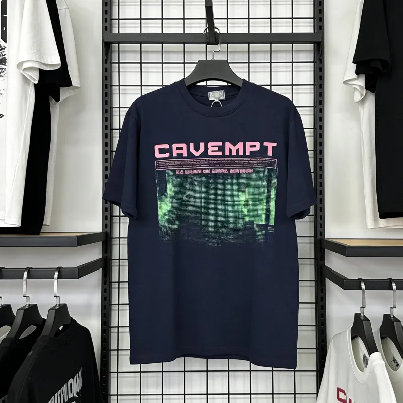 CAVEMPT Tshirts Navy Blue Punk Pixel Portrait Pattern Letter Logo Round Neck Short Sleeve CE Tee Men Women Casual Street Outfit