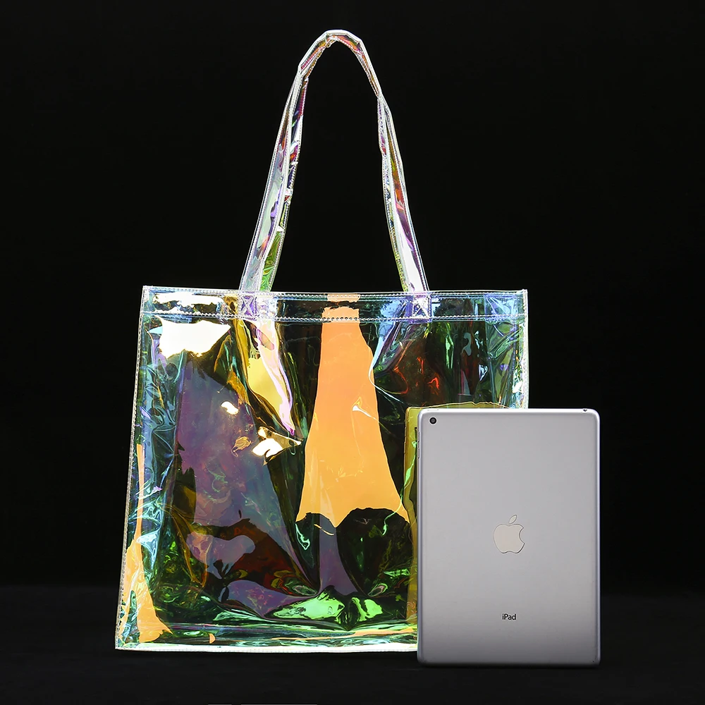 Clear Hologram Shopping Bag Iridescent Premium Glitter Tote Available for Custom