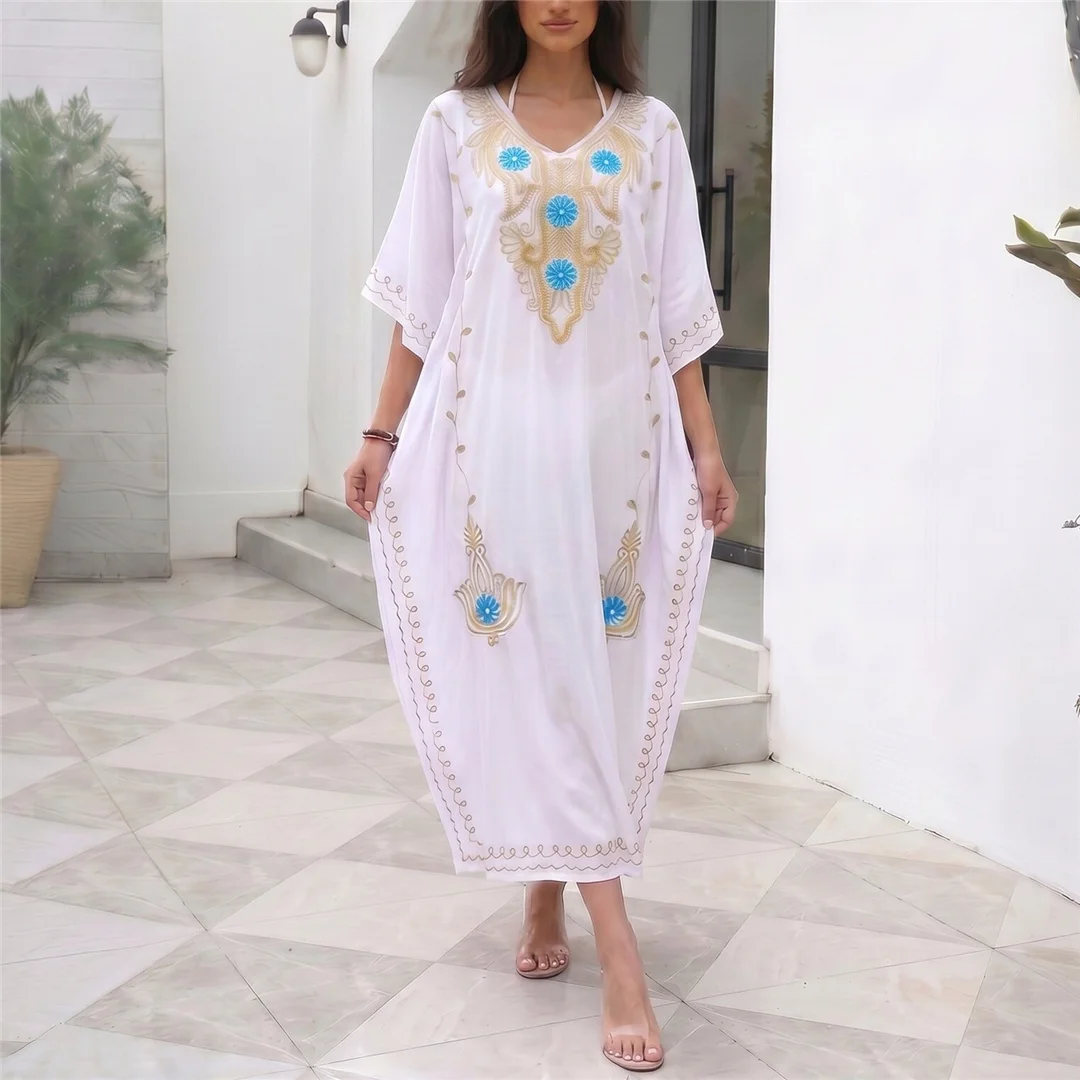 Bedrucktes Halbarm-Strickkleid mit V-Ausschnitt, Häkel-Strick-Tunika, Strand-Cover-Up, Strandkleid, Strandmode, Damen V8318 – Detail 7