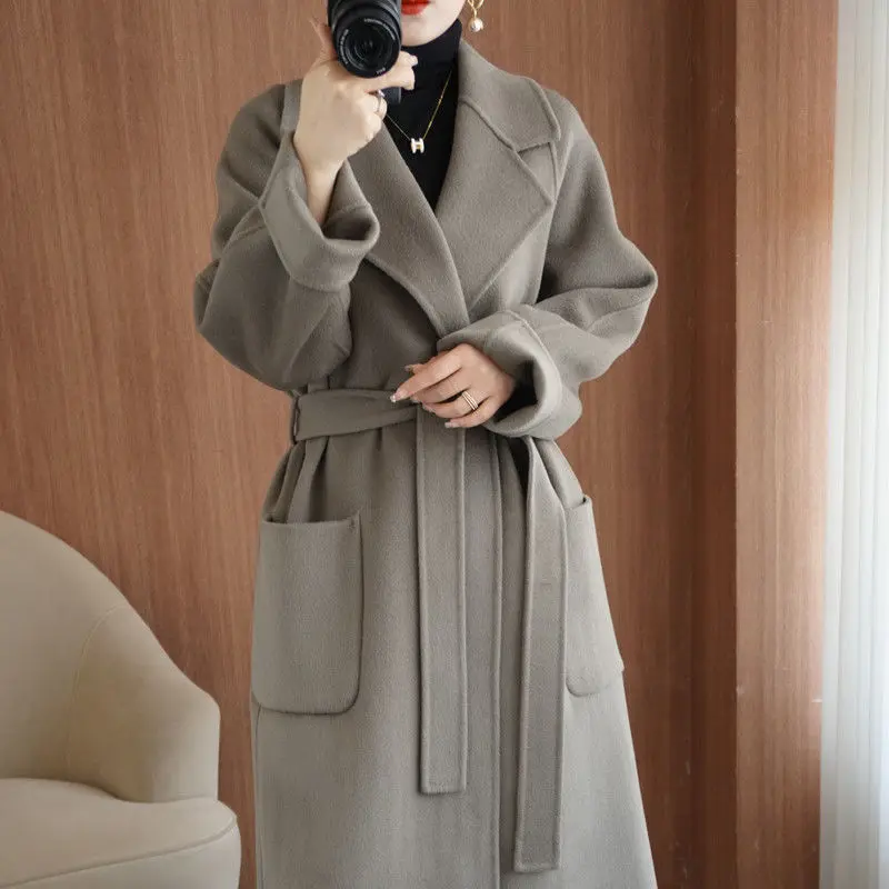 Autumn Winter Woolen Coat Lapel Collar Long Sleeves Solid Fashion Overcoat Belt Pockets Outerwear Female Vintage Oversize V25