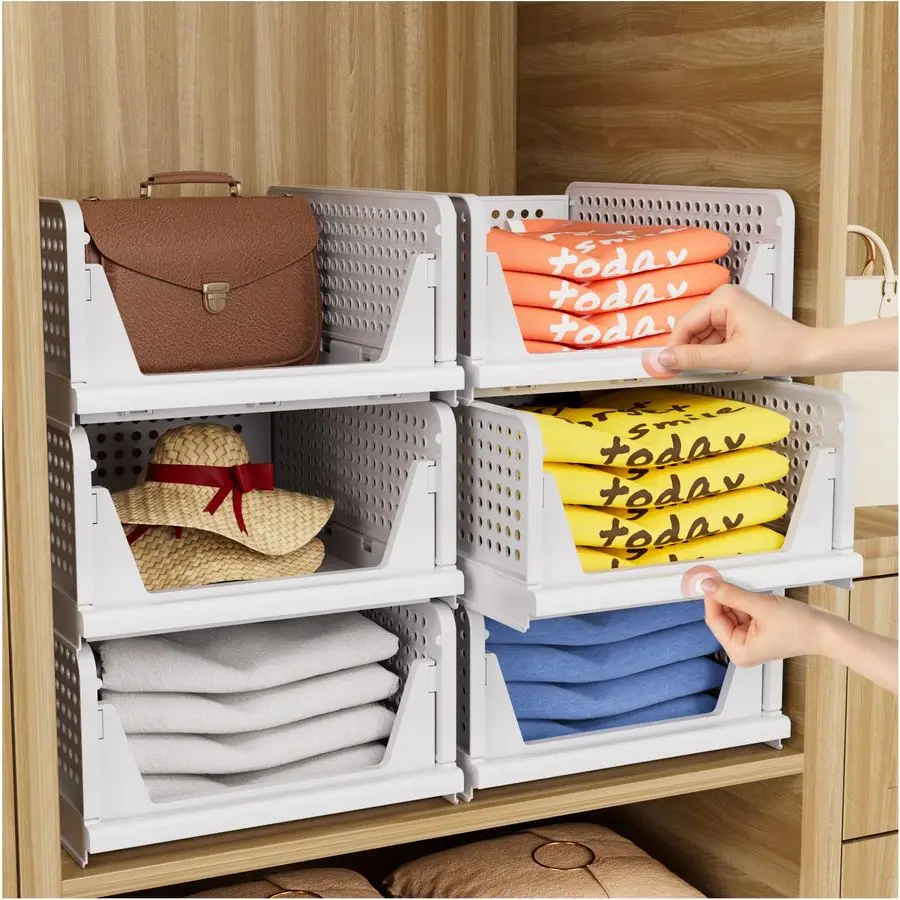 

5 Pack Closet Organizers Storage Box, Closet Storage Stackable Storage Bins, Plastic Drawer Basket for Wardrobe Cupboard Kitchen