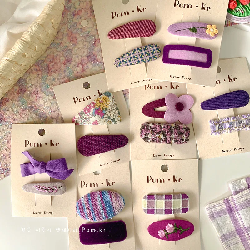 2pcs/lot Korean Girls Handmade Purple Weave Fabric Hair Clip for Cute School Girl Floral Hairpin with Checkered Bow Headband