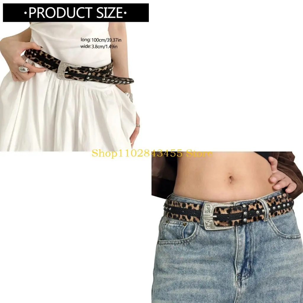 49MC Stylish Leopard Print PU Leather Waist Belt For Women Daily Outfit Carved Buckles Waist Strap For Jeans Pants Office and