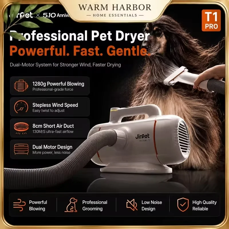 Jirpet T1 Pet Dryer High Speed Blower Dog Grooming Dryer 130m/S Air Velocity Variable Speed Control 800w Pet Hair Dryer Tool
