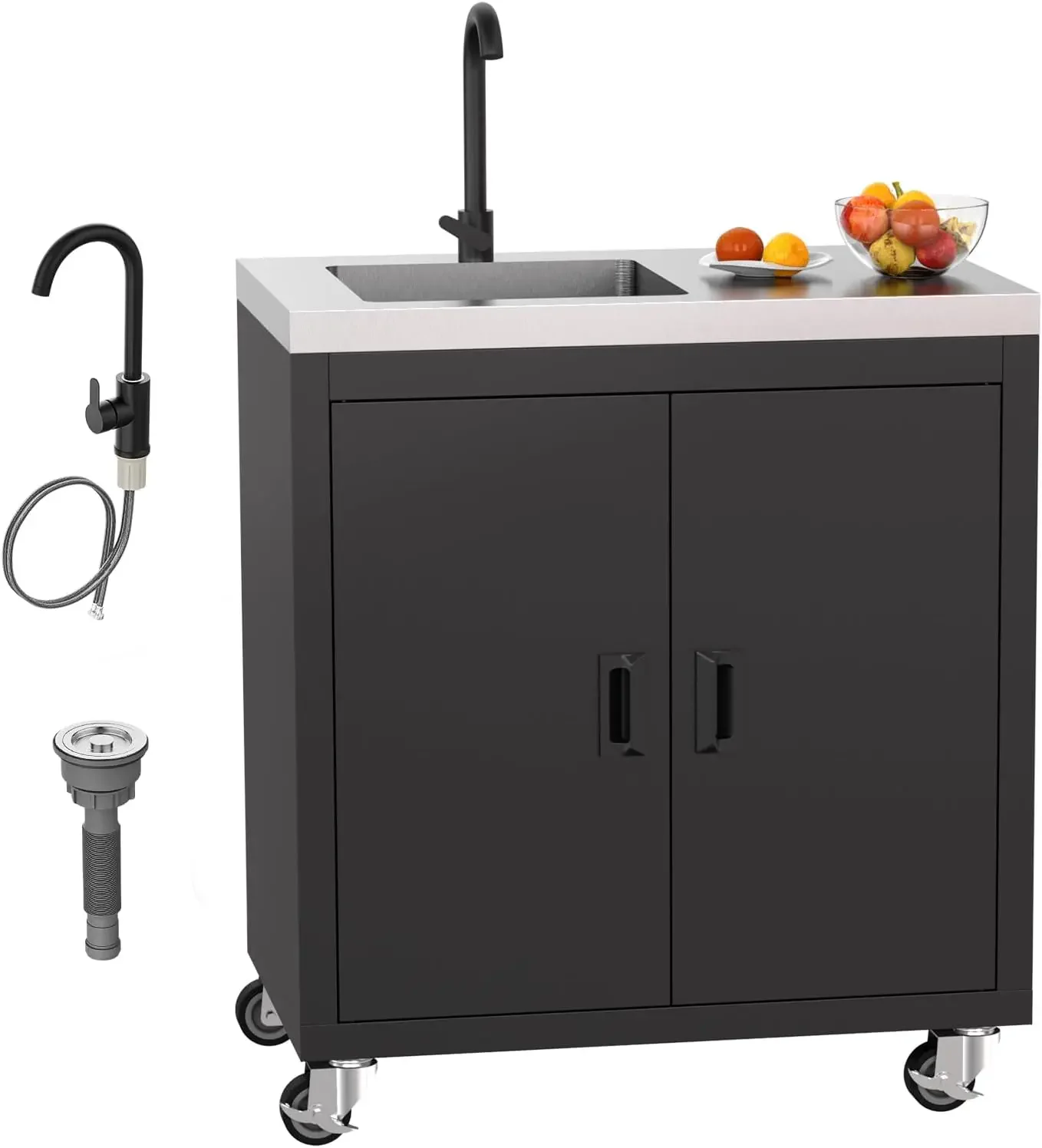 

Freestanding Stainless Steel Sink Cart With Cabinet Wheels For Outdoor Grill Prep Backyard Kitchen Garage Laundry Garden