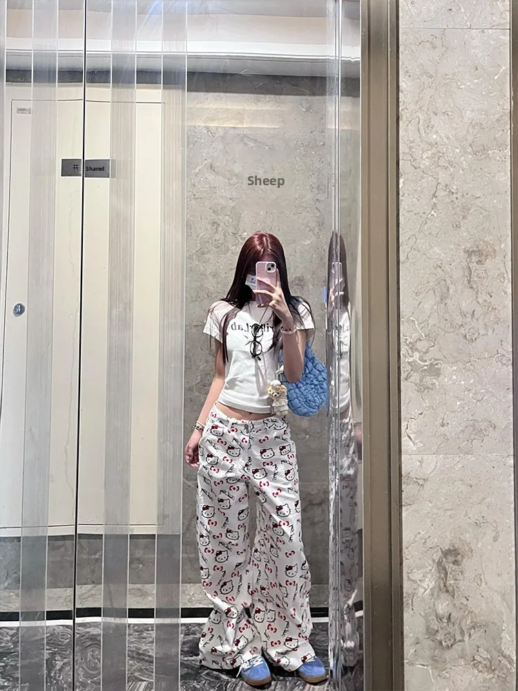 

Laid-ba белые джинсовые брюки с героями мультфильмов, женские летние свободные утягивающие прямые широкие джинсы с высокой талией и застежкой на пуговицы