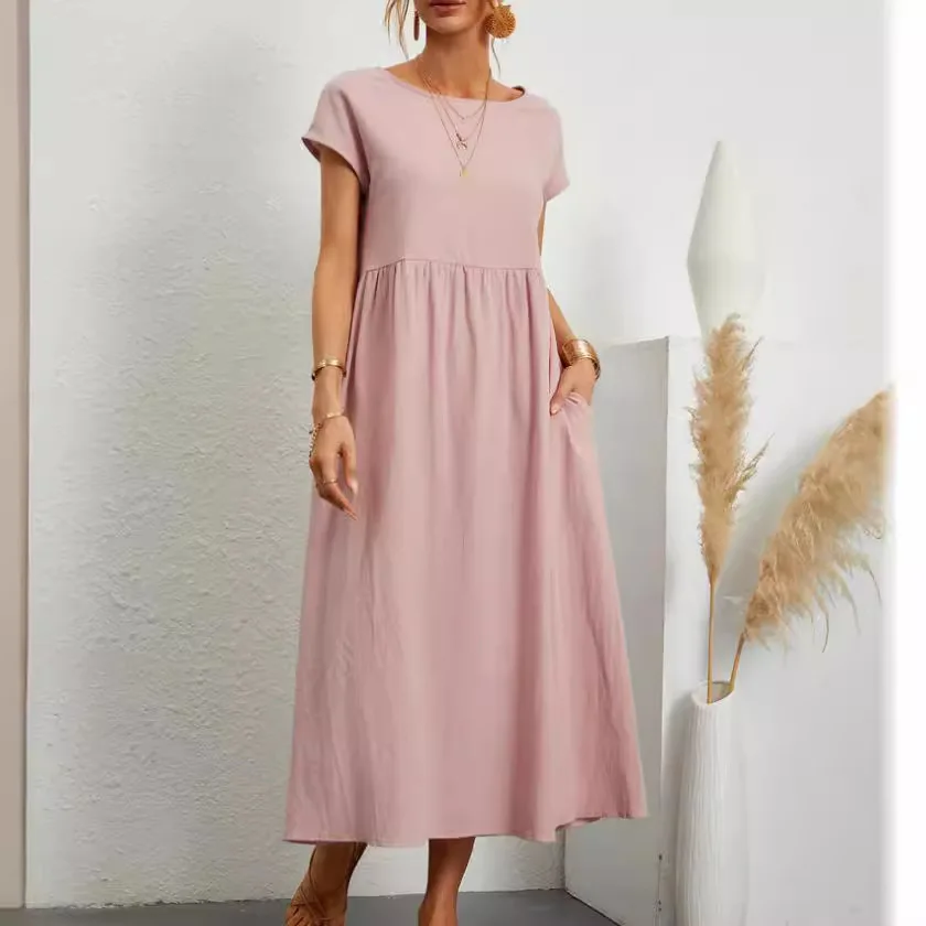 

Women Elegant Solid Maxi Dress Summer Short Sleeve O Neck Vintage Harajuku Cotton Linen Loose Sundress Y2K Pockets Long Dress