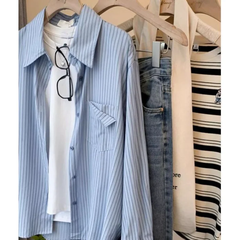 

Korean Style Striped Shirt Cotton Blend Women Spring Summer New Fashion Loose Design Long Sleeve Stand Collar Solid Color Top