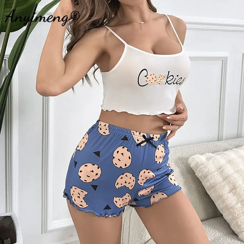 Hot Womens Summer Sexy Sleepwear Leisure Spaghetti Strap Lady Sleeveless Nightwear Casual Pajamas Sets Milk Silk Elastic Pijama