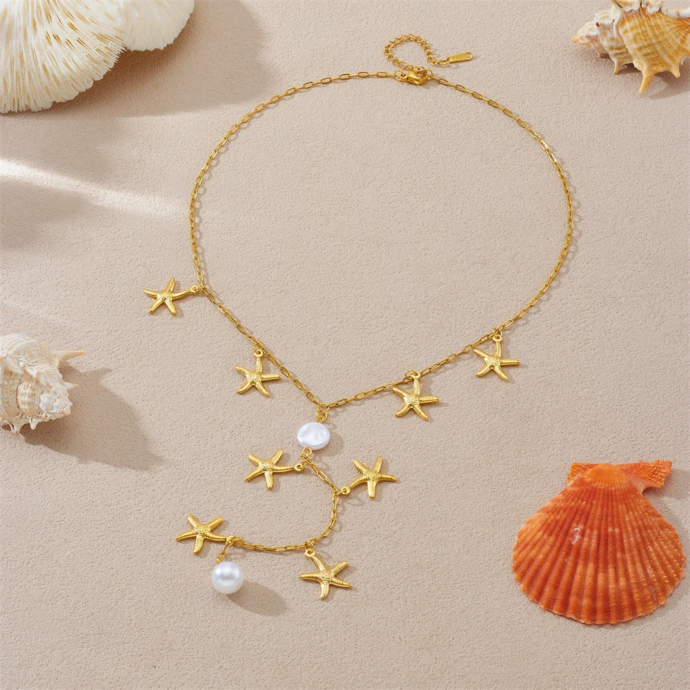 

LAMENGLY 316L Stainless Steel Hip Hop Personality Multiple Starfish Pearl Long Pendant Necklace Women New Trend Neck Chain Gifts
