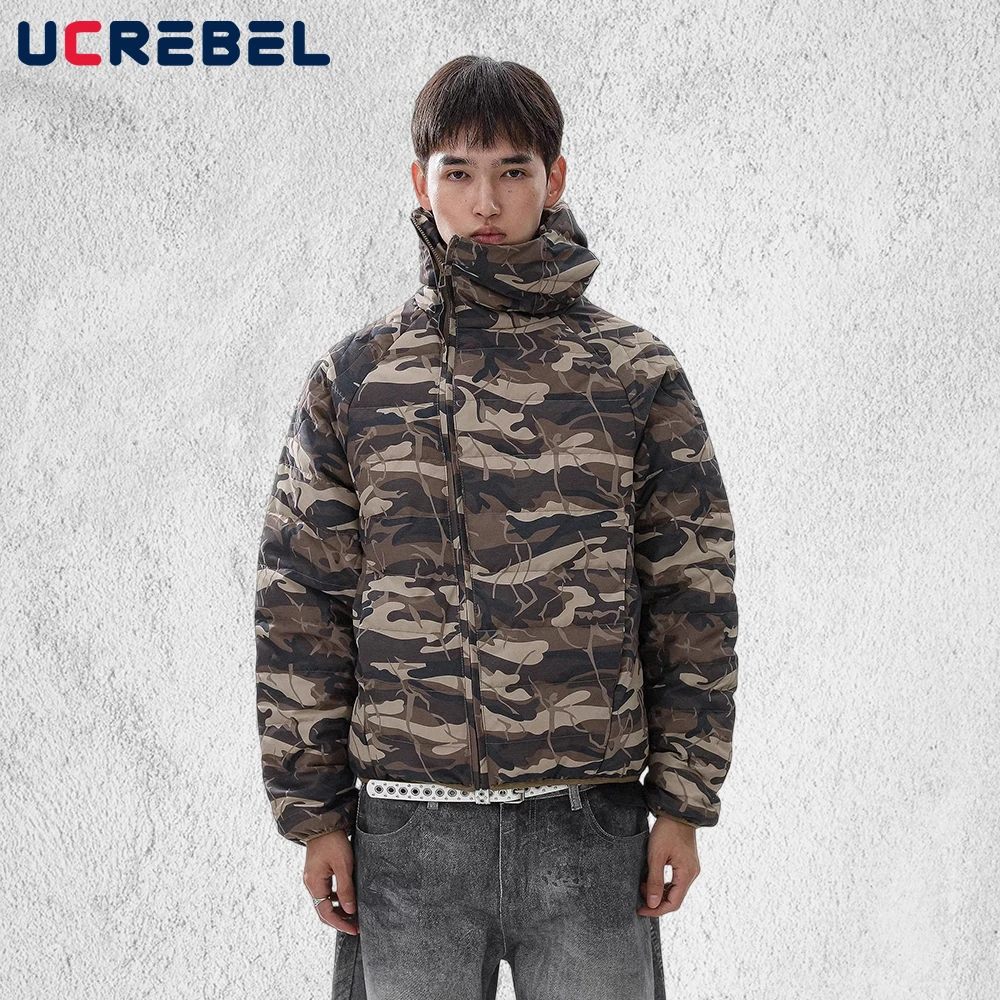 

Camouflage Spliced Down Jacket Mens Retro High Street Winter Thick Warm Drawstring Hooded Long Sleeve Padded Jacket Man