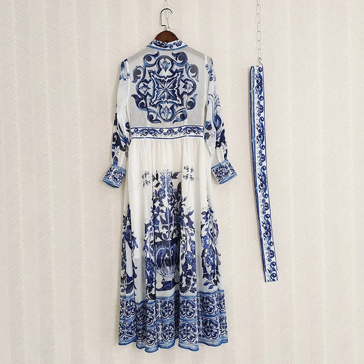 JAMERARY Runway floral print Beaded Crystal Long Sleeve Maxi Shirt Dress Women Blue White Porcelain Faux Silk Chiffon Vestidos