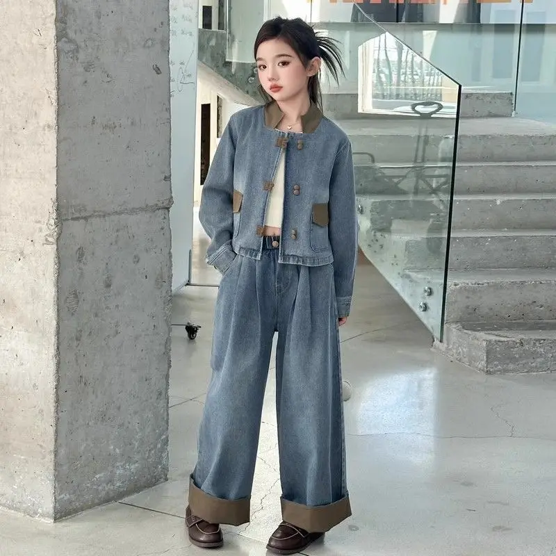 Wide-leg Pants Girl Denim Jacket & 2-Piece Set Girls' Outfits Clothes 10 12 Years Sets From 5 6 Fashion Outfit Boutique Clothing
