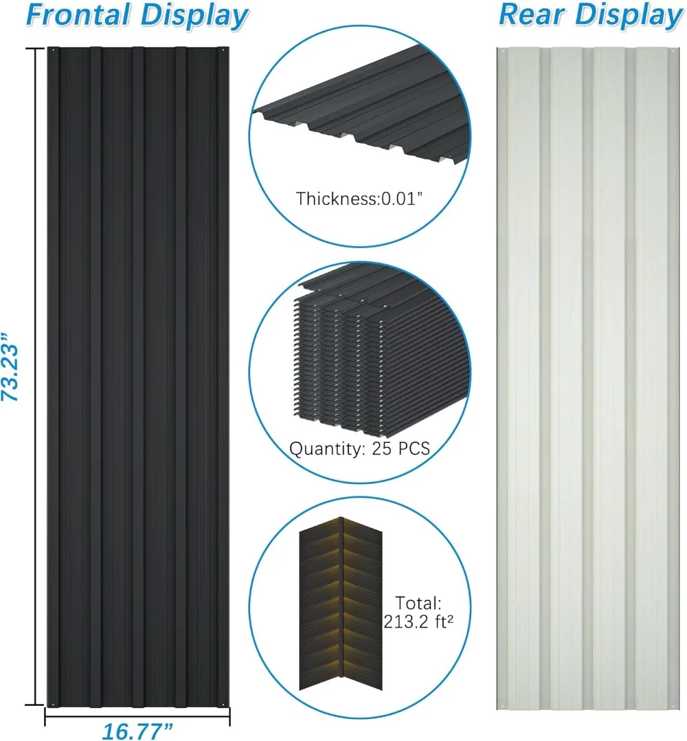 

25 Pcs Galvanized Steel Corrugated Roof Panels, 6.1ft Length, Black for Gazebo Shed Garage