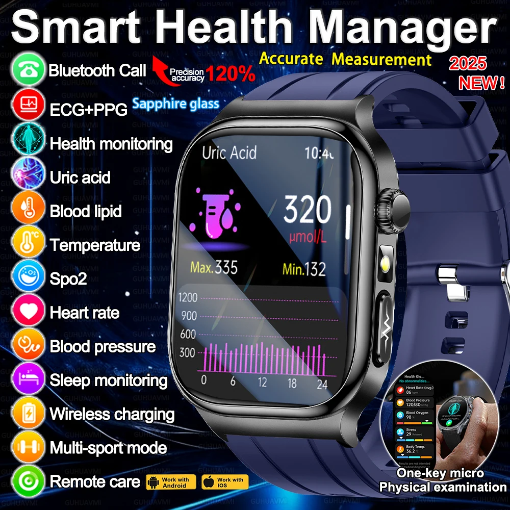 

2025 New ECG Blood Lipids Uric Acid Accurate Measure Smart Watches Men Micro Physical Examination Waterproof Sports Smart Watch