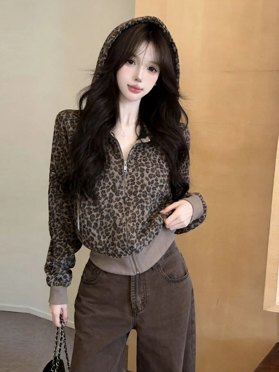 Retro Korean Style Short Hooded Long Sleeve Leopard Print Spicy Girl Slim Fit Zipper Top Coat Unique Design Casual Streetwear