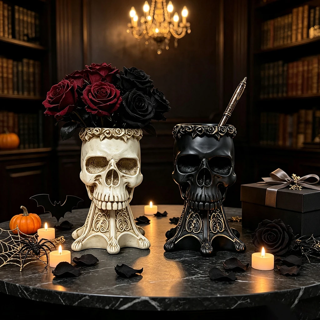 Gothic Skull Vase Resin Skull Head Pen Holder Flower Pot Halloween Decor Desktop Ornament Home Office Decoration Gift