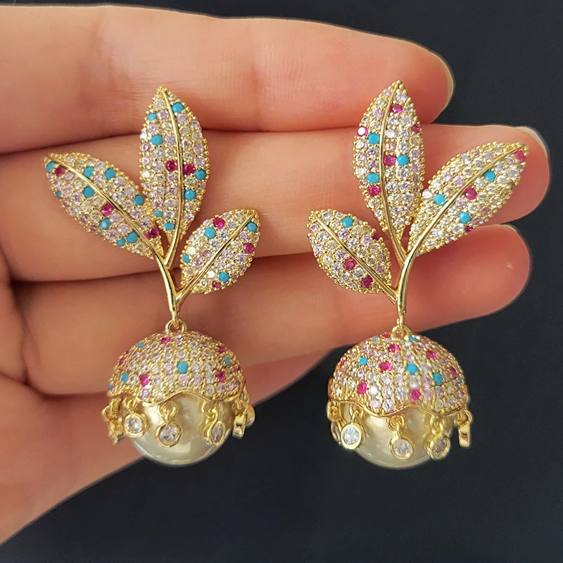 

unique cute earrings zircon pearl pendant gold color leaf earrings for wedding bridal evening party gown jewelry women gift