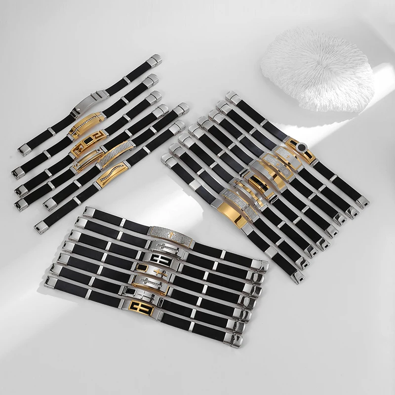 

ROXI | Men Black Charm Bracelet Stainless Steel Silicone Rubber Jewelry Gold Color Street Hip Hop Style New