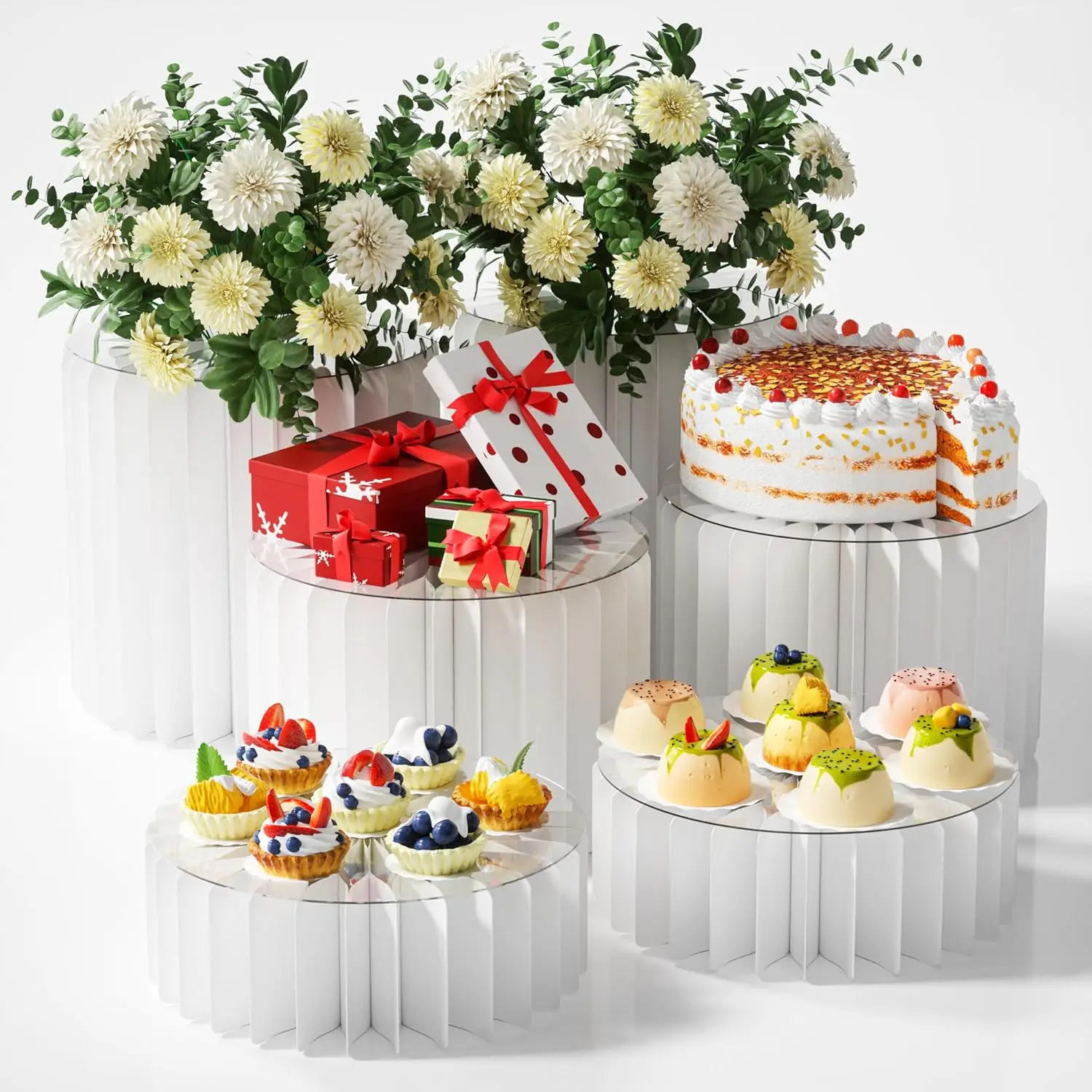 

6 Pack Foldable Buffet Risers with Acrylic Disc, White Display Stands for Food Jewelry Parties