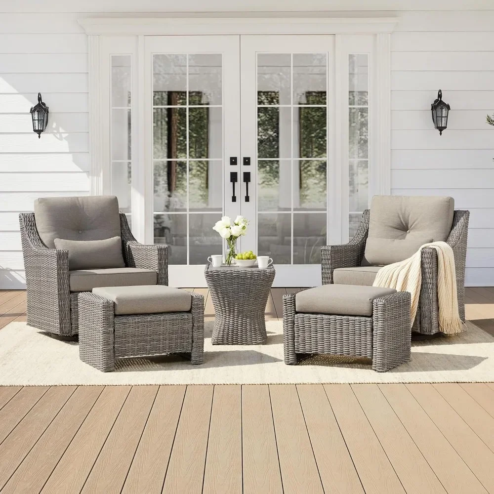 

5 Pieces Wicker Patio Furniture Set, Outdoor Conversation Set with 2 Pieces Rattan Rocking Swivel Chairs, 2 Pieces Ottomans