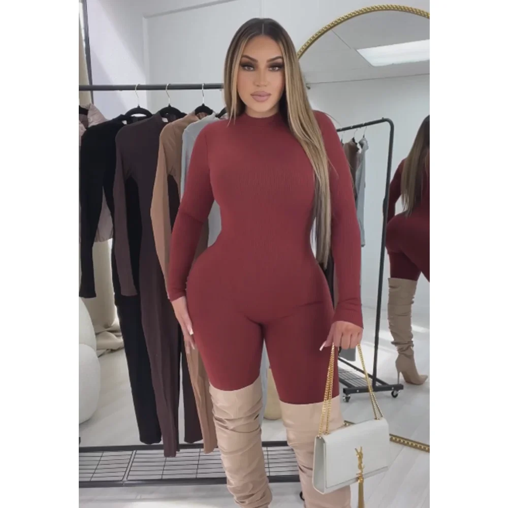 Tuta da donna a costine monopezzo a maniche lunghe Body elastico solido Body-shaping Tuta da yoga casual generale Leggings
