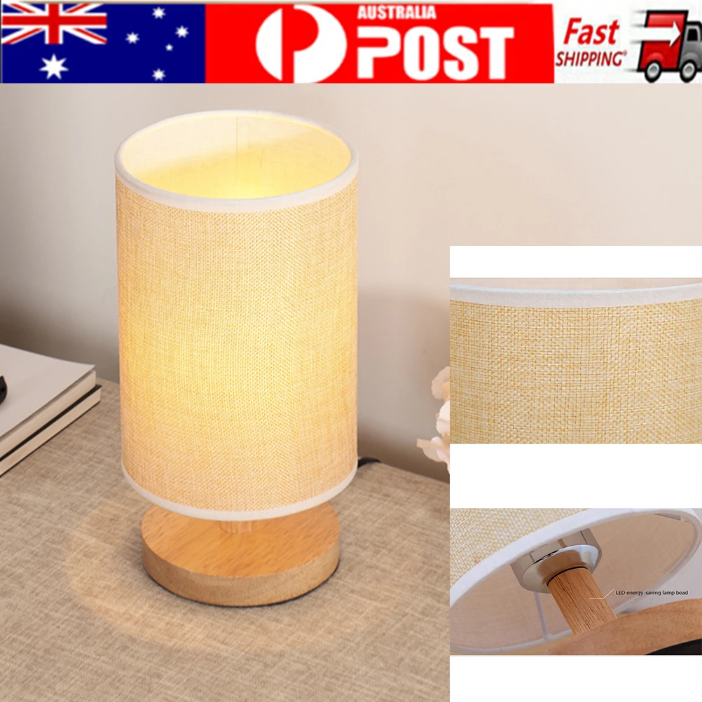 

LED Wood Desk Lamp Black Shade Linen Fabric Dimmable Nightstand Lamp for Bedroom Reading Light Lamps