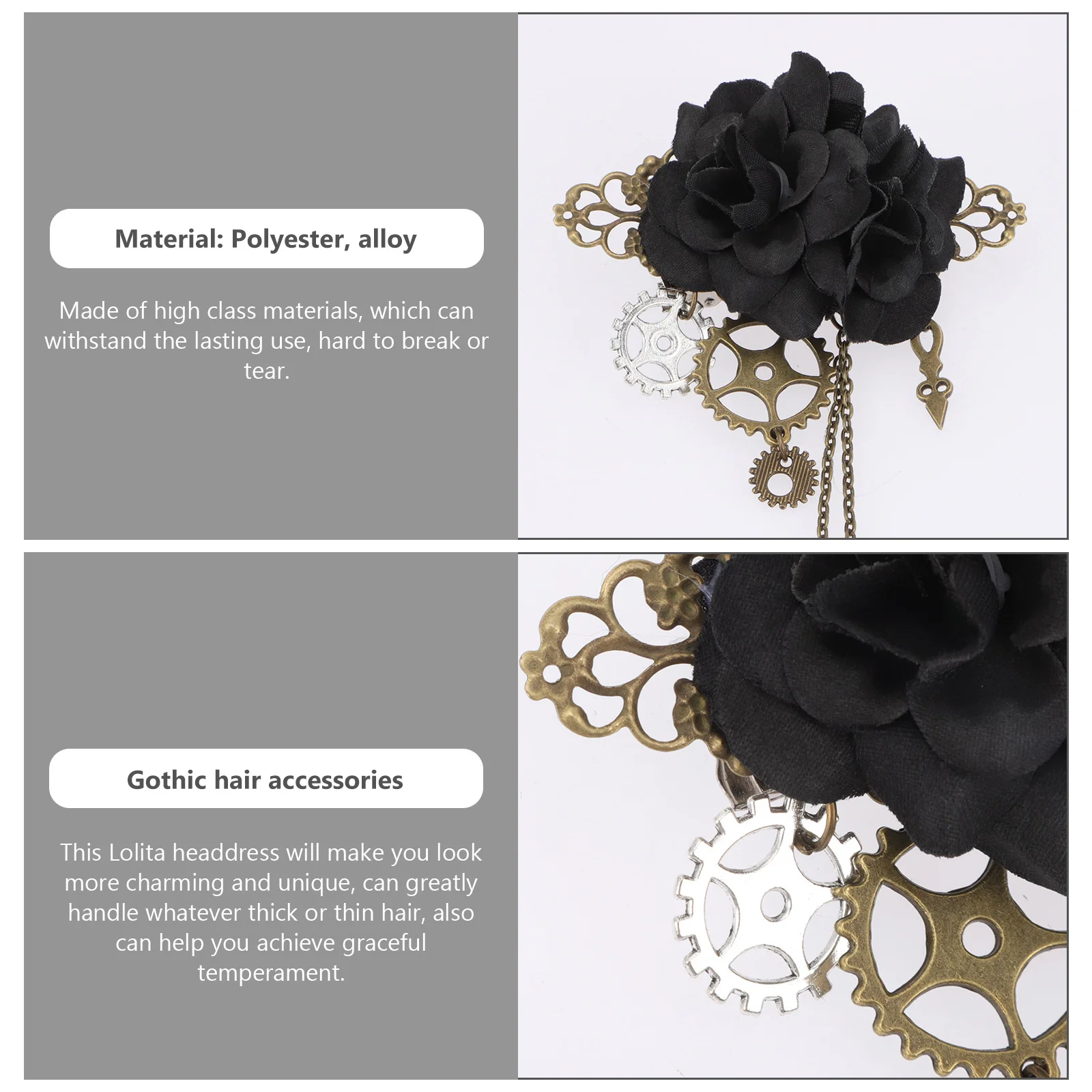 

1 Piece Mechanical Gear Hair Clip with Rose Design Gothic Style Lolita Hair Accessory for Female Elegant Party Wedding
