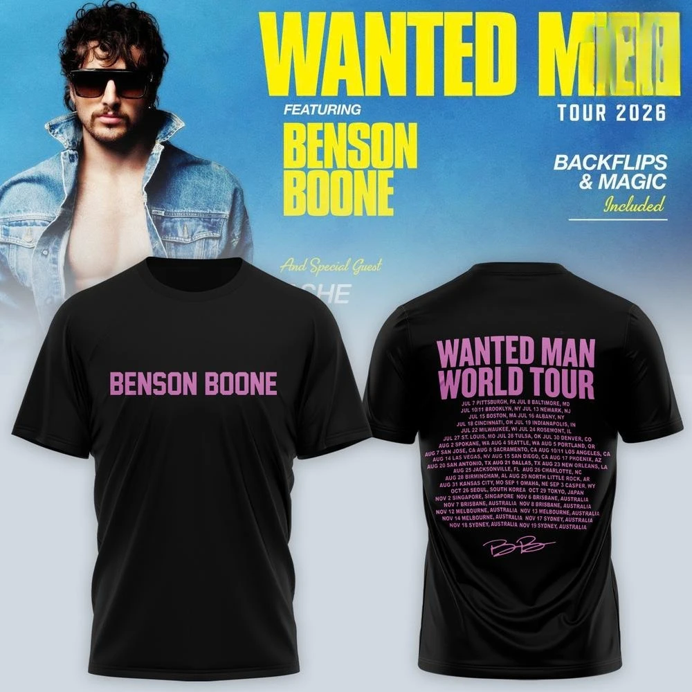 Benson Boone Wanted Man Tour 2026 Grafik-T-Shirt, Musik-Tourdaten, Signature-T-Shirt, Freizeit-Oberteil für Fans, Damen, Herren und Kinder, Streetwear-Top – Detail 6