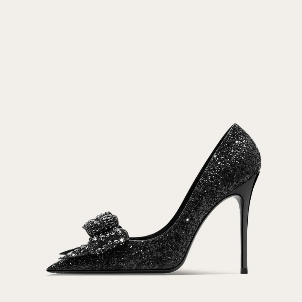 Princess Black Crystal High Heeled Pumps Big Bow French Style Sequins Pumps Sexy Elegant Women Wedding Party Pumps Heel