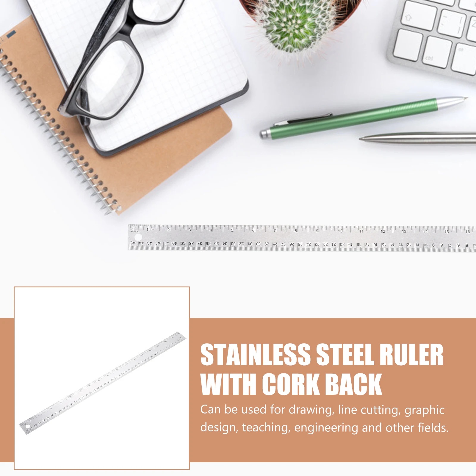 2pcs Precision Stainless Steel Straight Ruler Cork Back Woodworking Measuring Tool Strong Scale Ruler For Artists