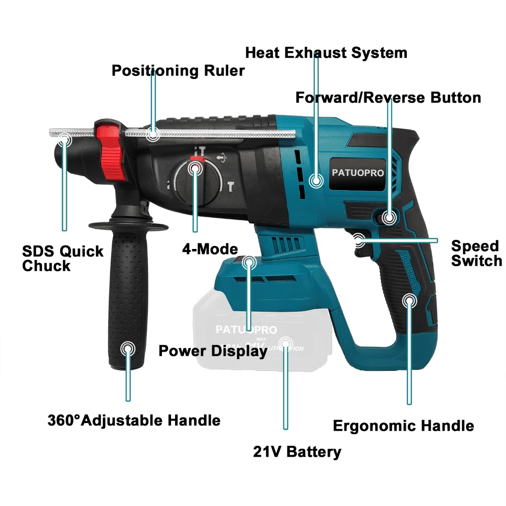 PATUOPRO 26mm Brushless Electric Rotary Hammer Drill Cordless 4-Mode Adjustable Handheld Power Tools For Makita 18V Battery