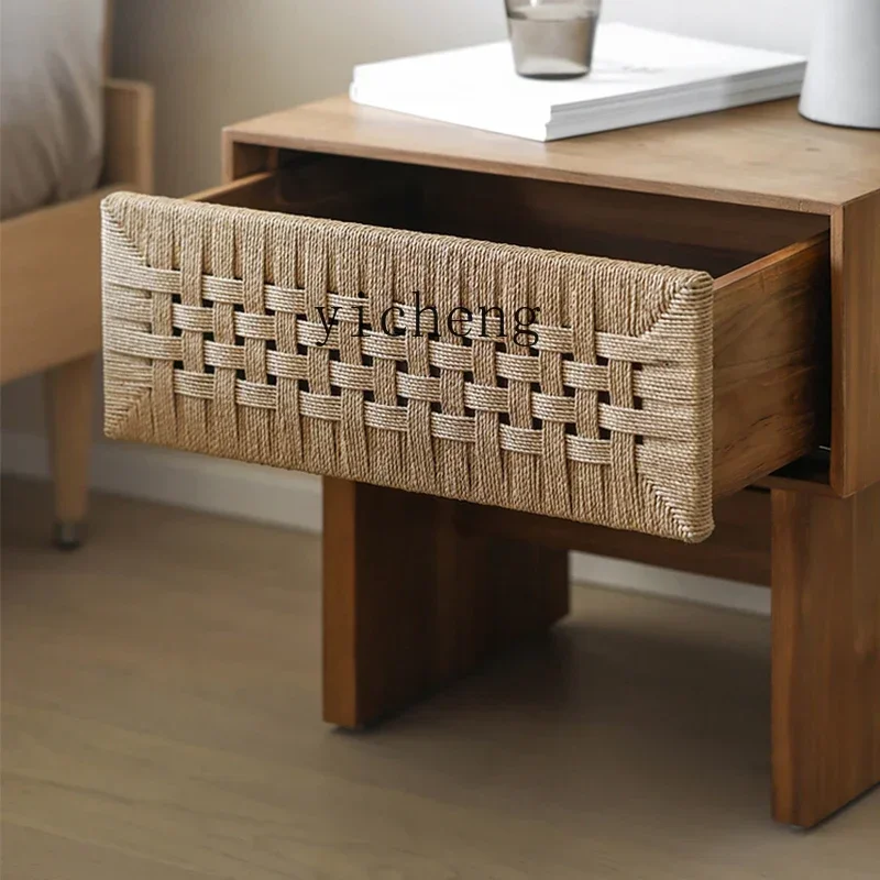 r5.13  Bedside Table Storage Cabinet Hotel Sofa Side Cabinet with Drawer Rope Weaving Decoration
