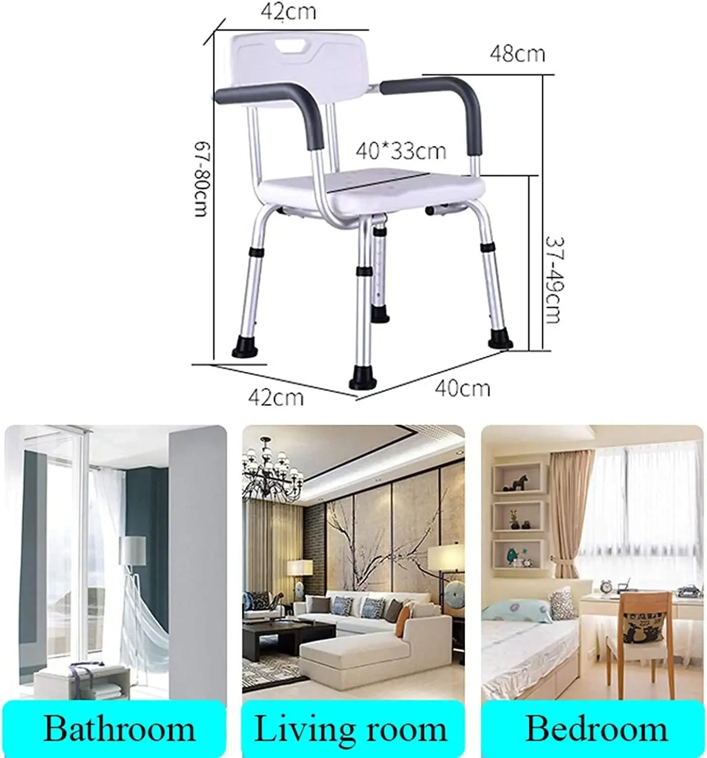 Shower Chair Heavy Duty Height Adjustable Shower Assist Handicap Shower Seats Non-Slip Safety with Arms and Back, for Elderly Se