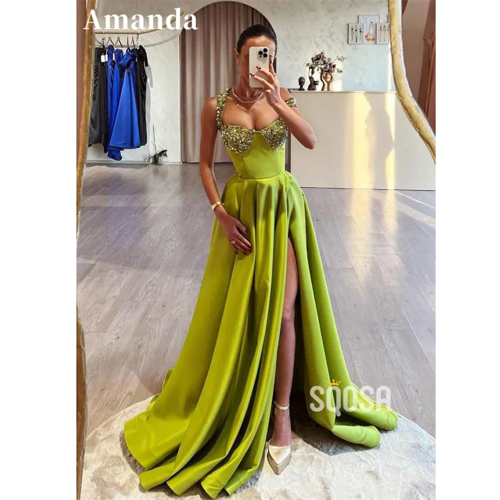 Amanda-vestido de fiesta de satén verde claro con hombros descubiertos, elegante, corte en A, abertura lateral alta, lentejuelas brillantes