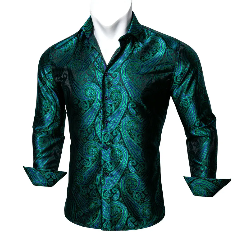 Designer Emerald Green Paisley Long Sleeve Polyester Mens Shirt Autumn Fashion Casual Jacquard Lapel Pattern Business Barry.Wang