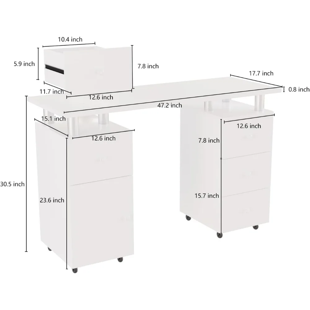 Bureau à ongles pour module d'ongle, table de manucure avec égouts de proximité, coussretours de poignet, roues verrouillables, station d'art d'ongle à degrés d'acétone, 47 po