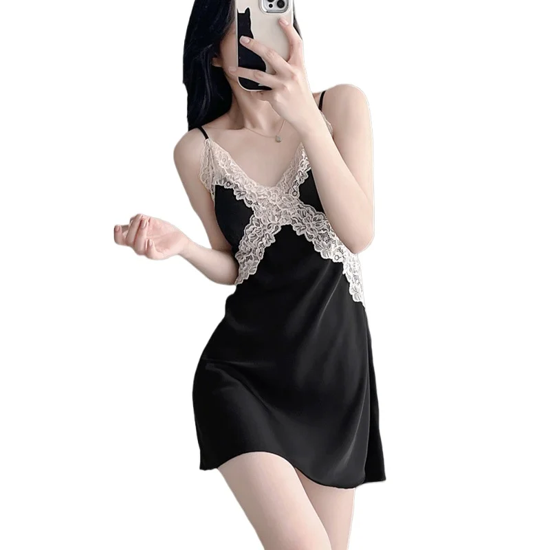 

Women's Spring Summer Sexy Pajamas Ice Silk Nightgown Suspender Shorts Thin Loungewear Explosion