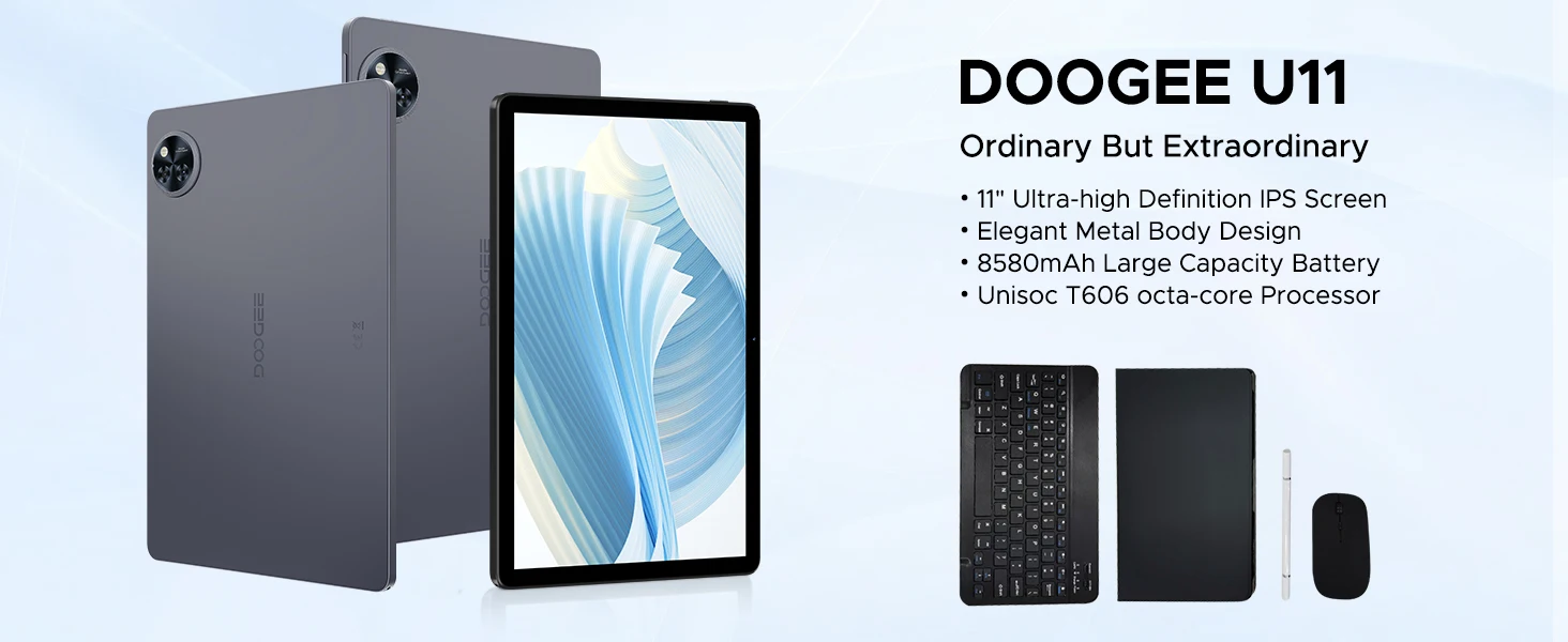 DOOGEE U11 2 in 1 Tablet PC Android 15 16GB(4+12) 128GB 11" Ultra-clear 90Hz Display Unisoc T606 8580mAh Battery Widevine L1