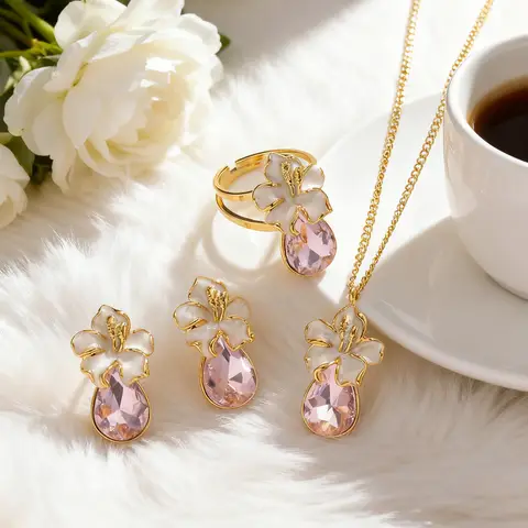 Exquisite Gentle Romantic Pink Zircon Flower Party Jewelry Set For Women Stylish Waterproof Gold Necklace Earrings Ring Set Gift