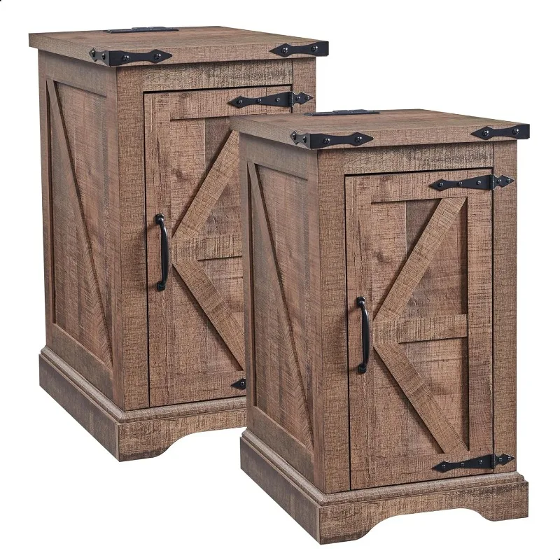 Bauernhaus-Nachttisch im 2er-Set mit Ladestation, rechteckiger 17-Zoll-Tisch mit Scheunentür und verstellbarem Stauraum S