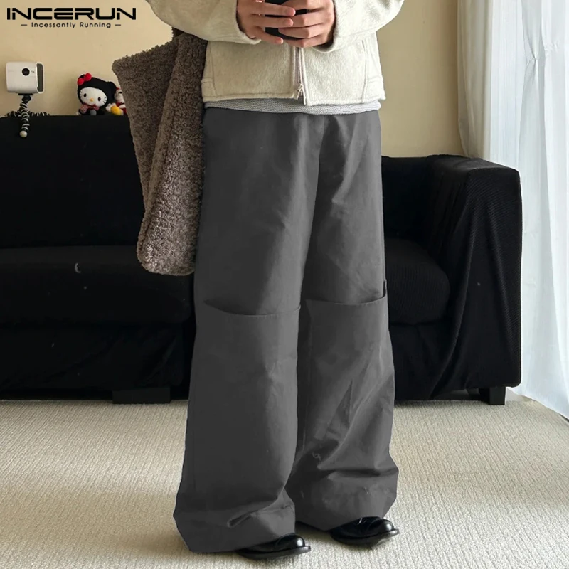 

INCERUN 2025 Korean Style Pantalons Fashion Men's Solid Color Male Pants Casual Simple Loose Wide Leg Trousers Men S-5XL