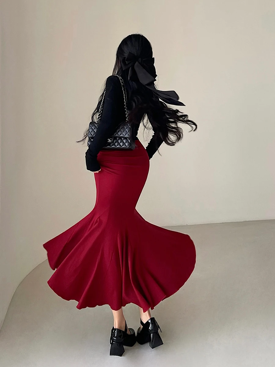Young Girl Day Pure Desire High Waist Pleated Elastic Fish Tail Long Skirt Atmosphere Sensation Half Body Skirt Cotton Blend