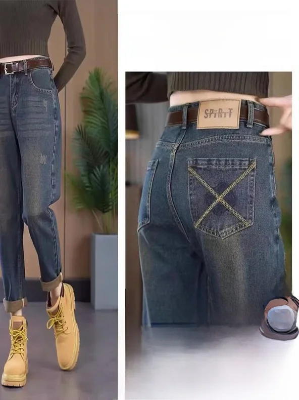 

plus Size High Waist Fce Lined Slim Fit Harlan Jeans Women's Faion Denim Pants Winter Warm Casual Straight Leg Jeans