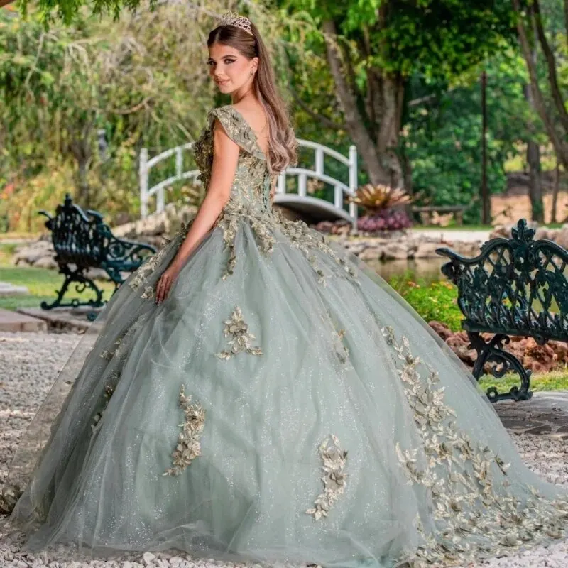 Зеленое милое платье Quinceanera с цветочной аппликацией и кружевом из бисера, бальное платье принцессы Sweet 16, вечерние по индивидуальному заказу