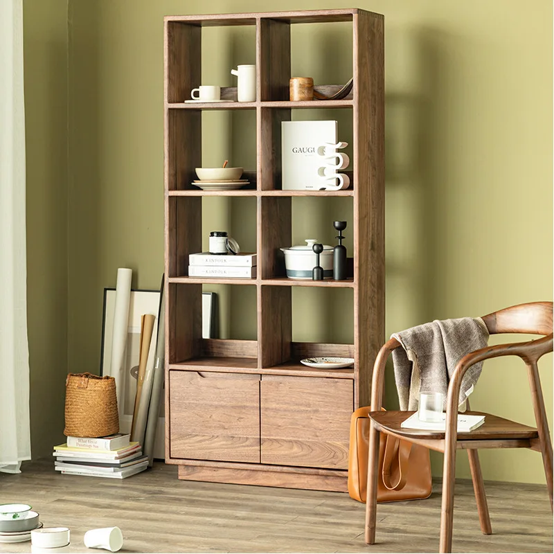 

Nordic floor-to-ceiling bookshelf, black walnut storage, Japanese-style solid wood study, multi-layer display combination