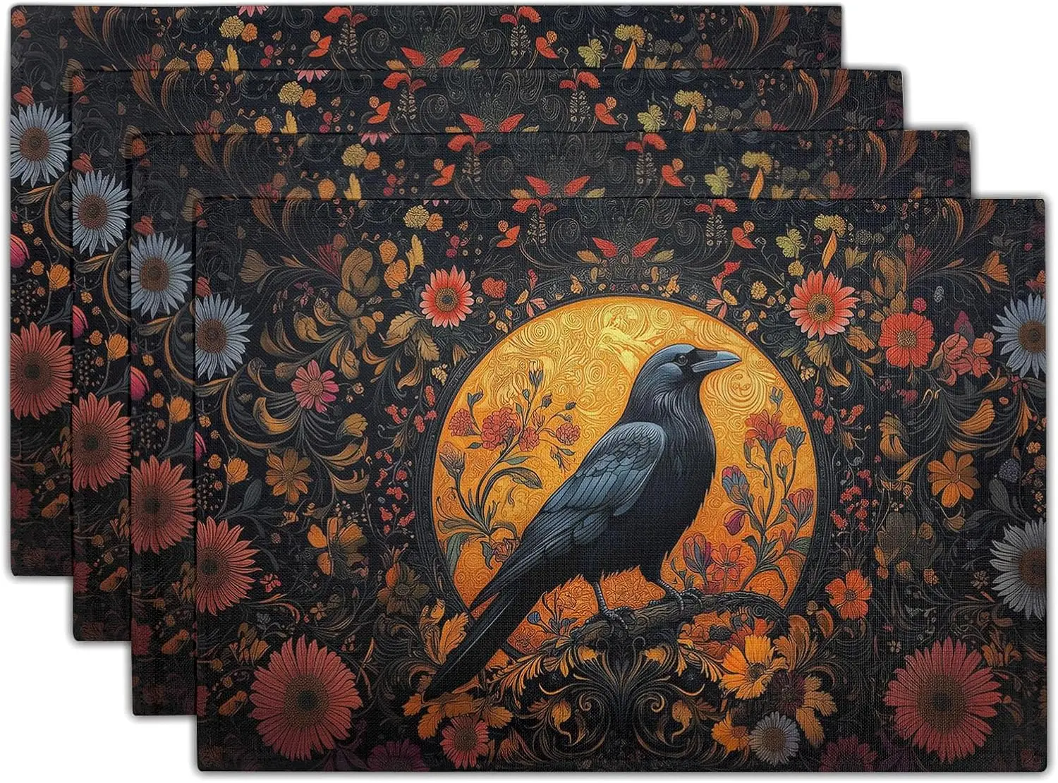 Crow Placemats Set of 4 Halloween Raven Floral Black Bird Colorful Flowers Farmhouse Washable Heat Resistant Rectangle