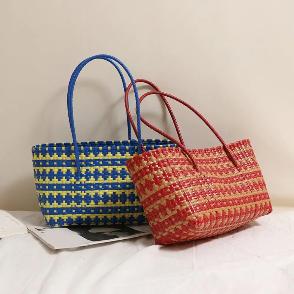 

Simple Hollow Out PVC Vegetable Basket Bag Bohemian Style Vacation Style Weave Bag Large Capacity Waterproof Beach Bag Holiday