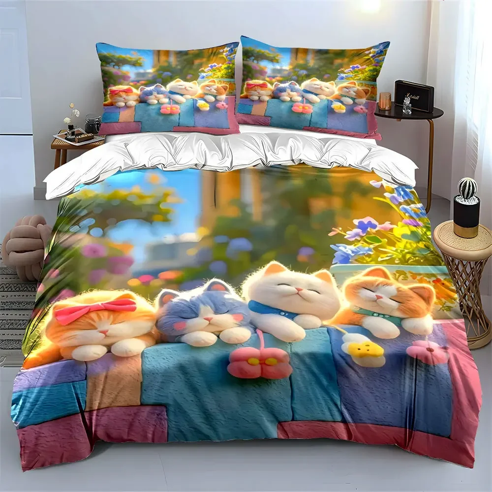 "Adorable Cat Plush Trio Decor" Soft Comfortable Duvet Cover Bedding Set Included 1*Duvet Cover & 2*Pillowcases, gift