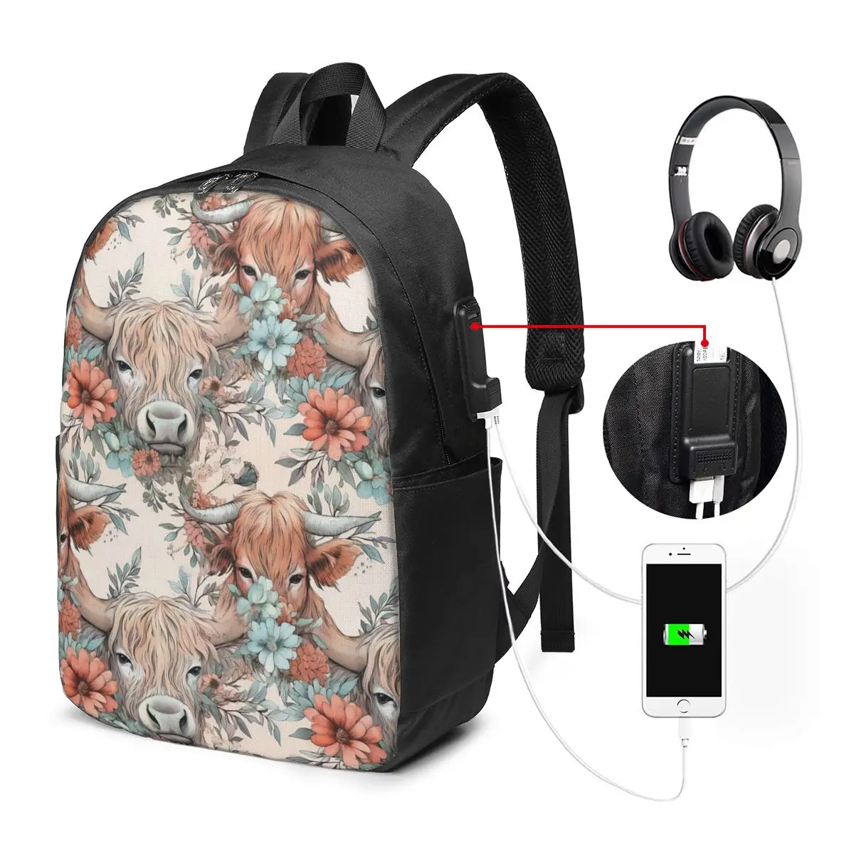 Cow Pattern Backpack Travel Notebook Bag Computer College Student School Bag Laptop Shoulder Bags for Men Women